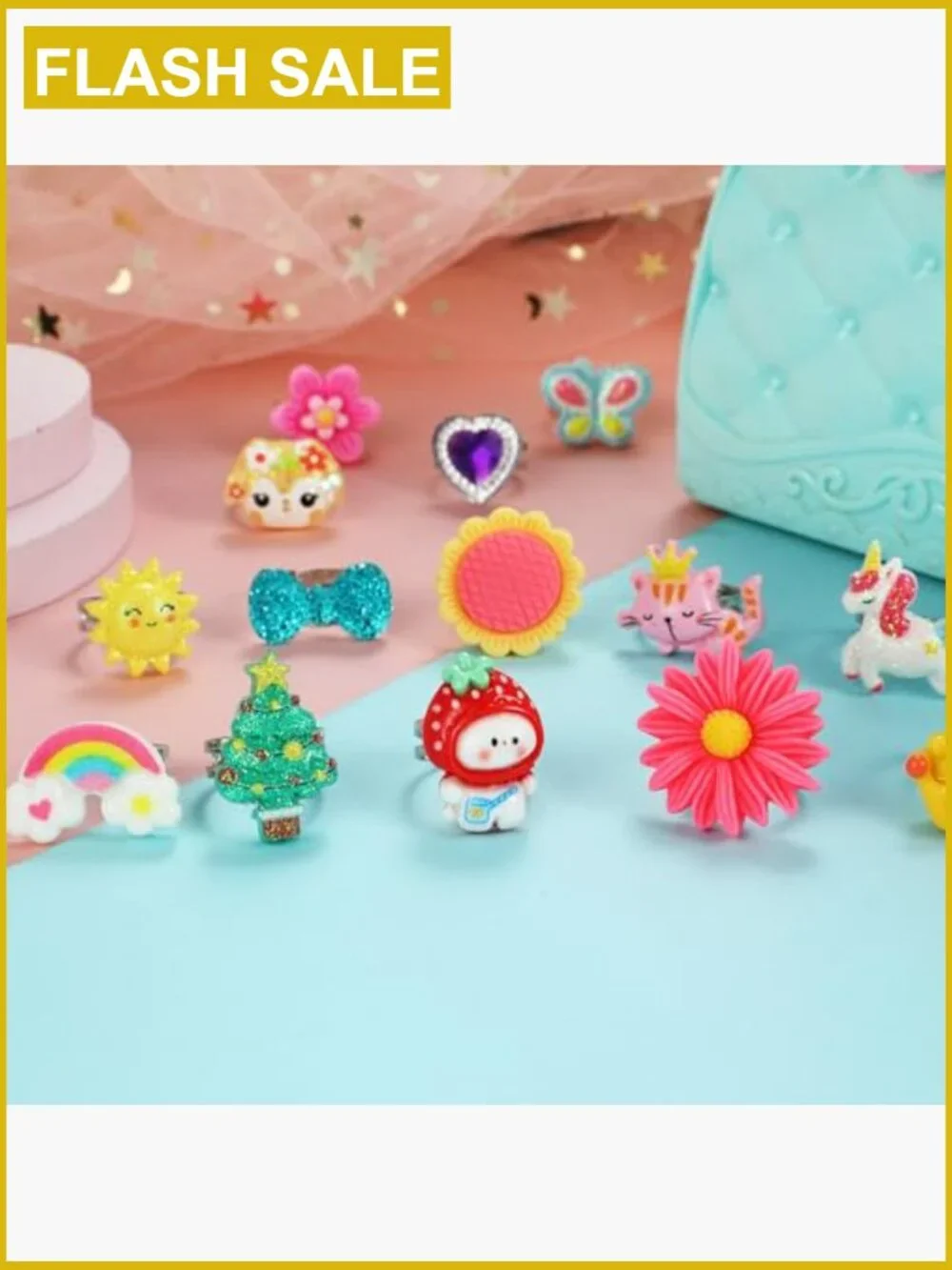 24 Adjustable Dress Up Rings in Gift Box, Pretend Play Jewelry Set